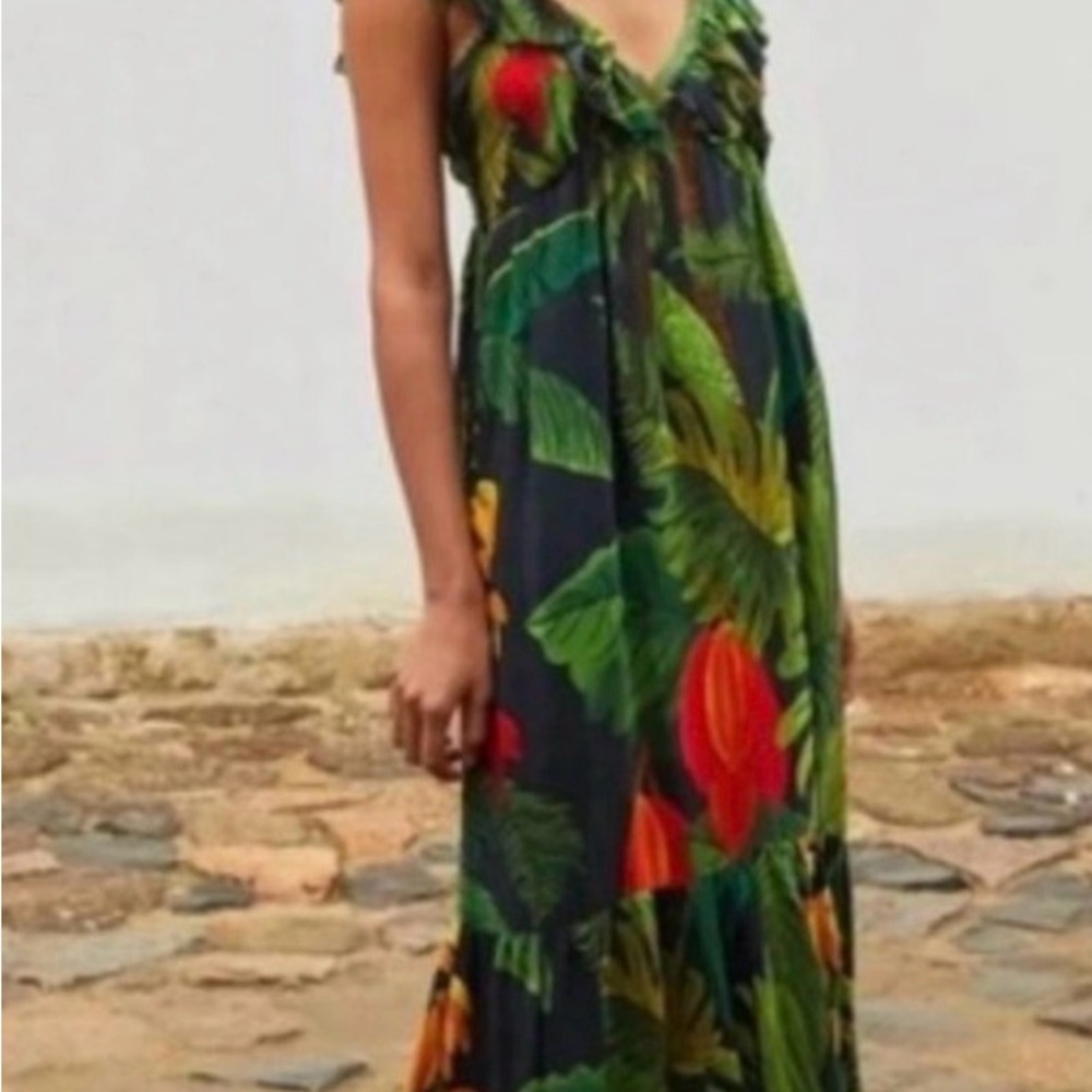 FARM Rio Black Maxi Dress with Green & Red Tropical Leaves